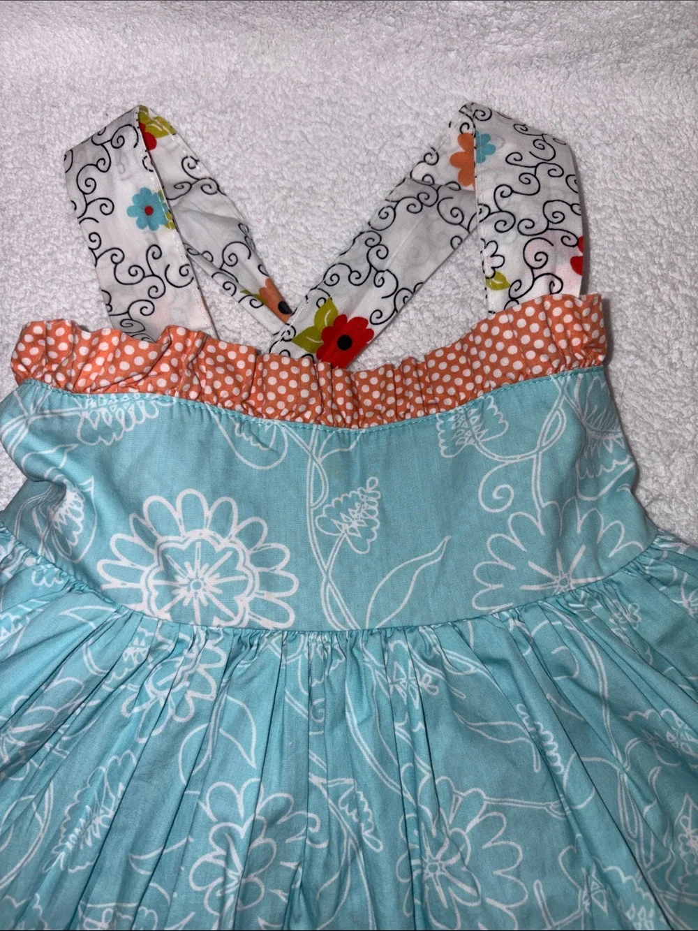 Jelly The Pug Aqua Floral Tiered ruffle Sundress Orange Trim full skirt 2t